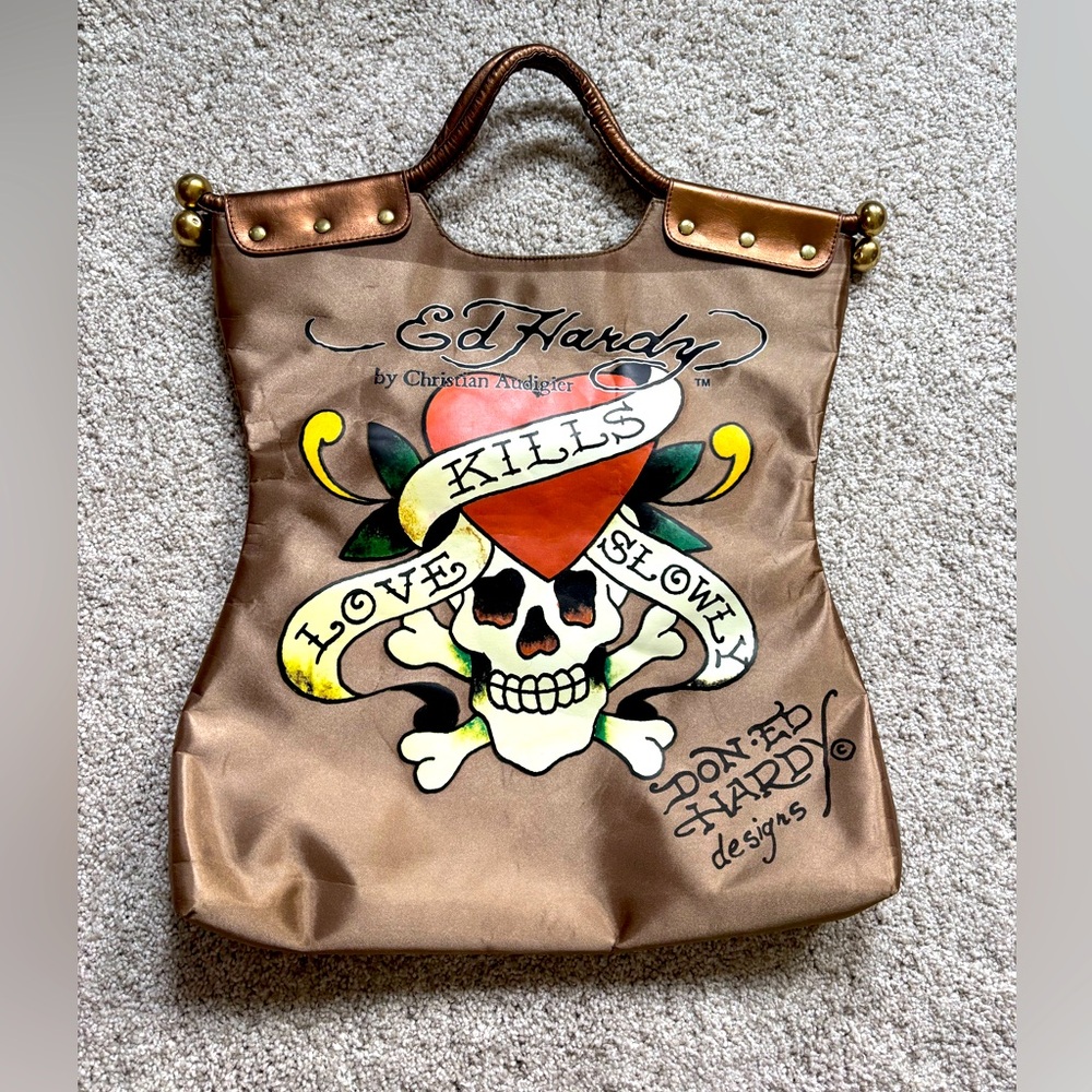 Ed Hardy Skull Heart Handbag Tote Christian Audigier Copper Bronze VTG Y2K